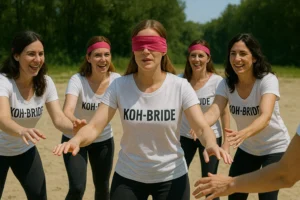 Femme les yeux bandes guidée par ses amies lors d'un defi en plein air pendant une activite Koh Bride a Bordeaux.