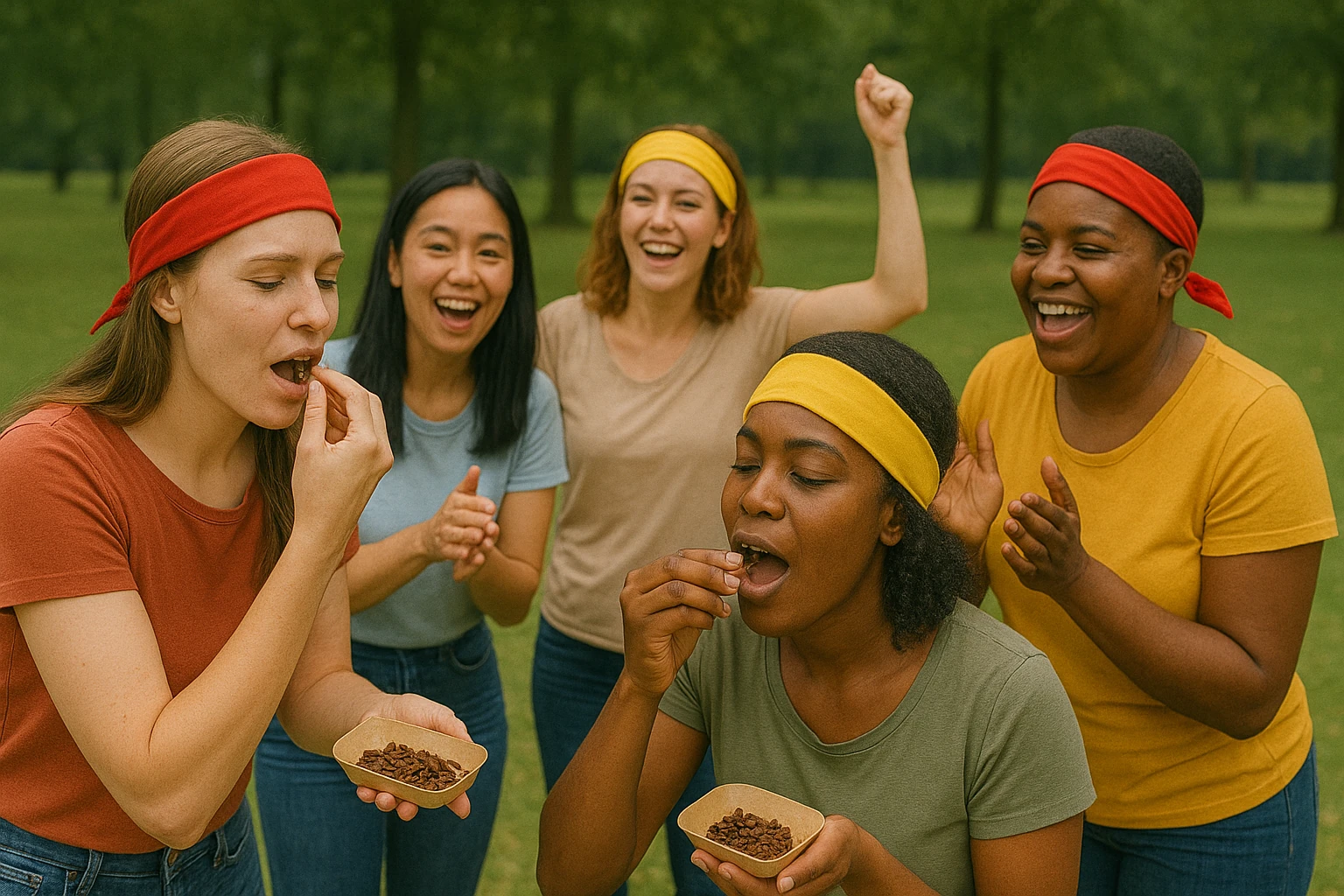 groupe de femmes portant des bandeaux colorés participant a un defi alimentaire en exterieur dans un parc