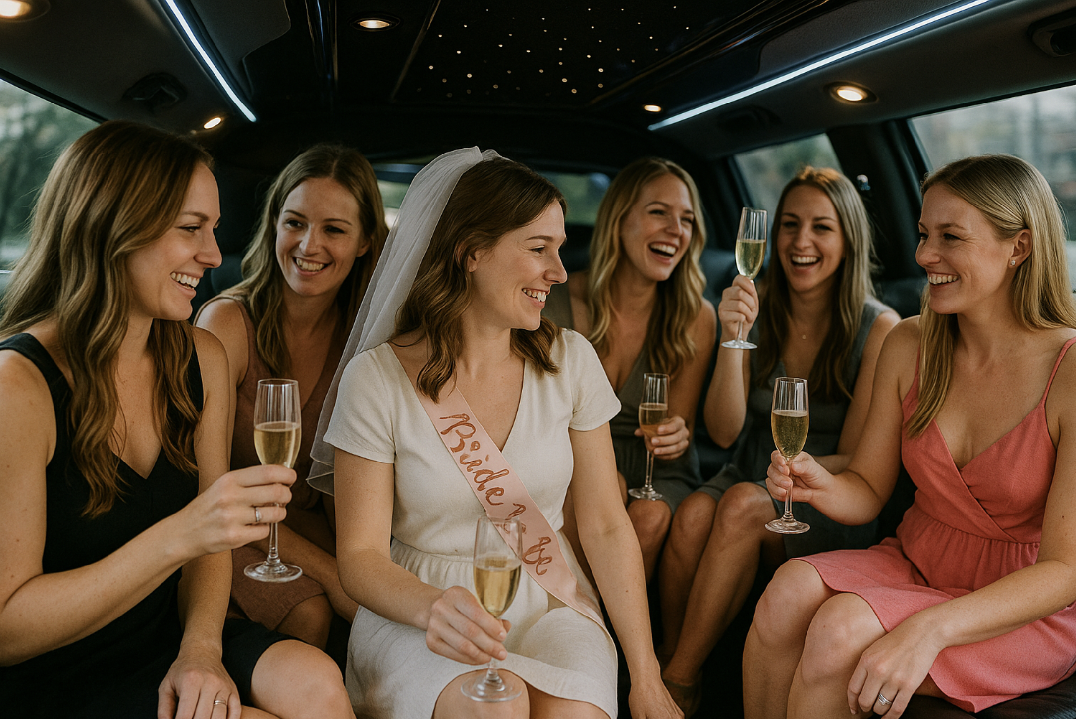Filles assises à l’arrière d’une limousine lors d’un EVJF à Bordeaux, trinquant avec un verre dans une ambiance festive