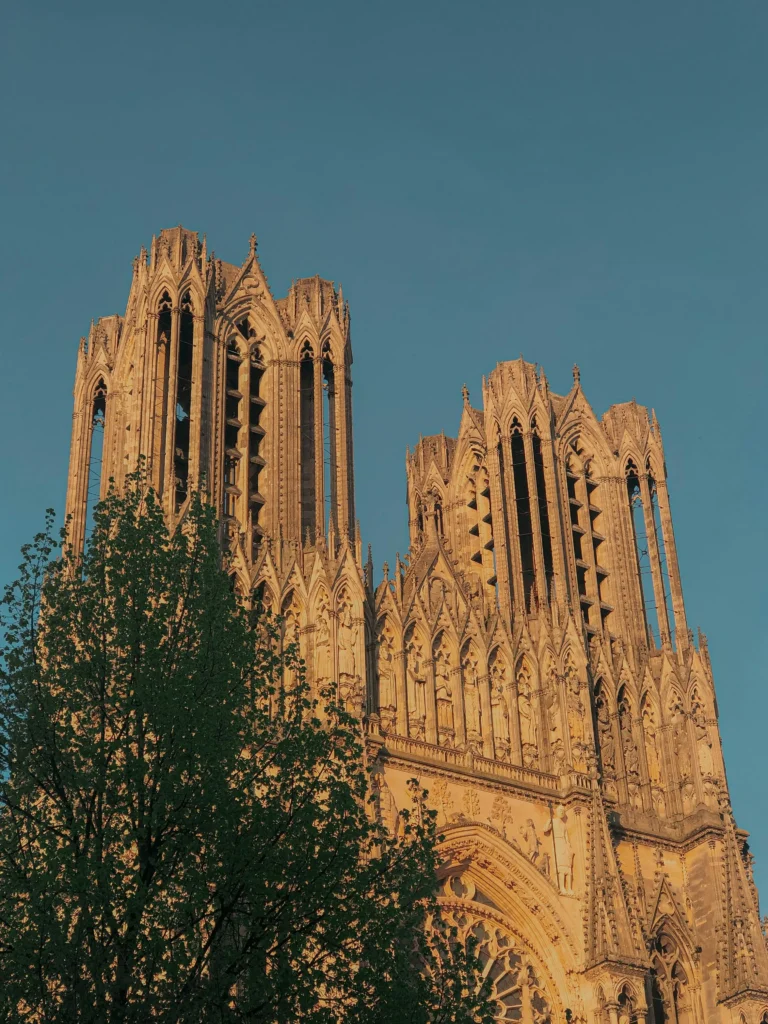 Tours de la cathédrale de Reims baignées dans la lumière du coucher de soleil, avec un arbre en contrebas.
