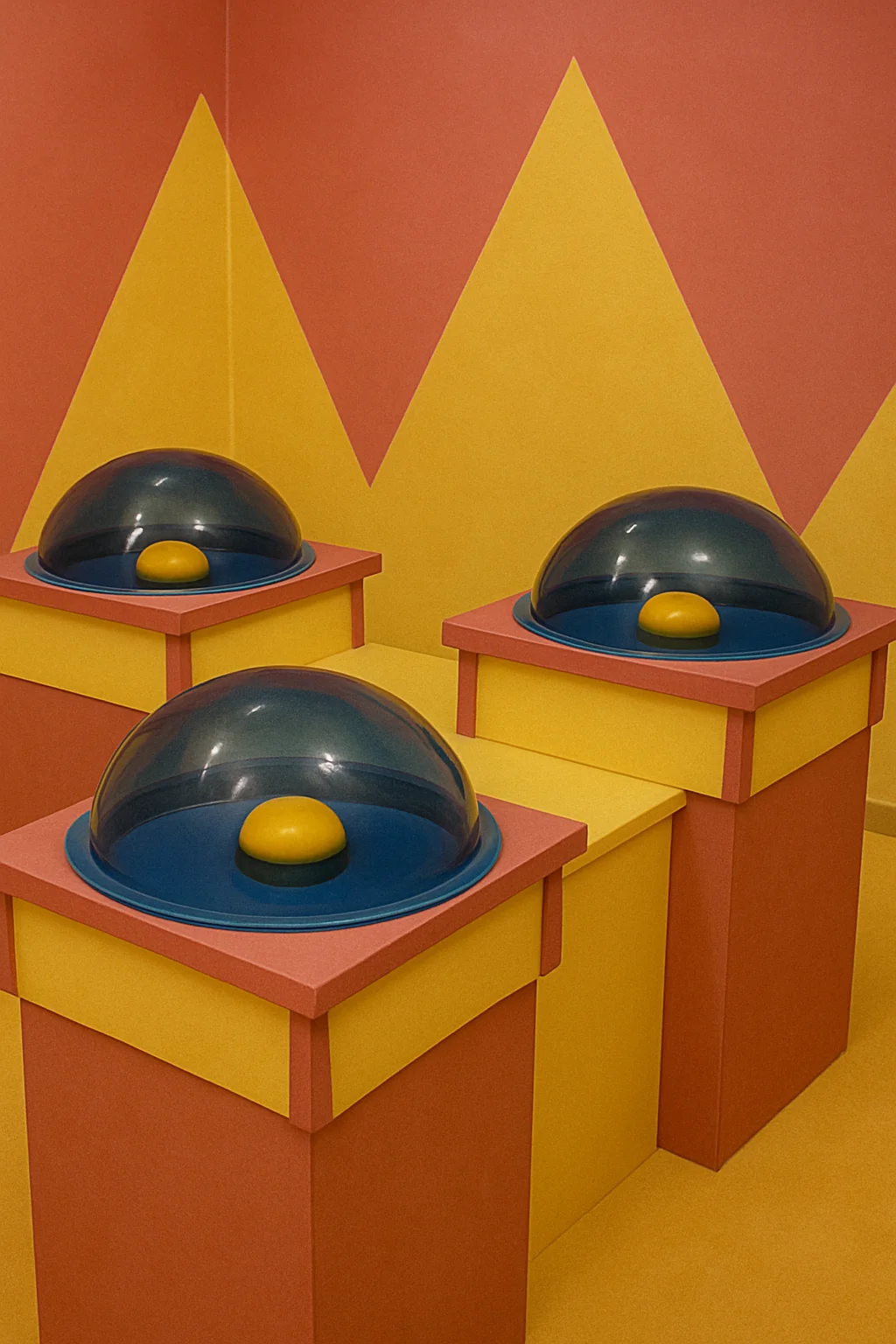 Plateau de jeu avec grands boutons jaunes sous dome transparent, decor geometrie rouge et jaune a Bordeaux.