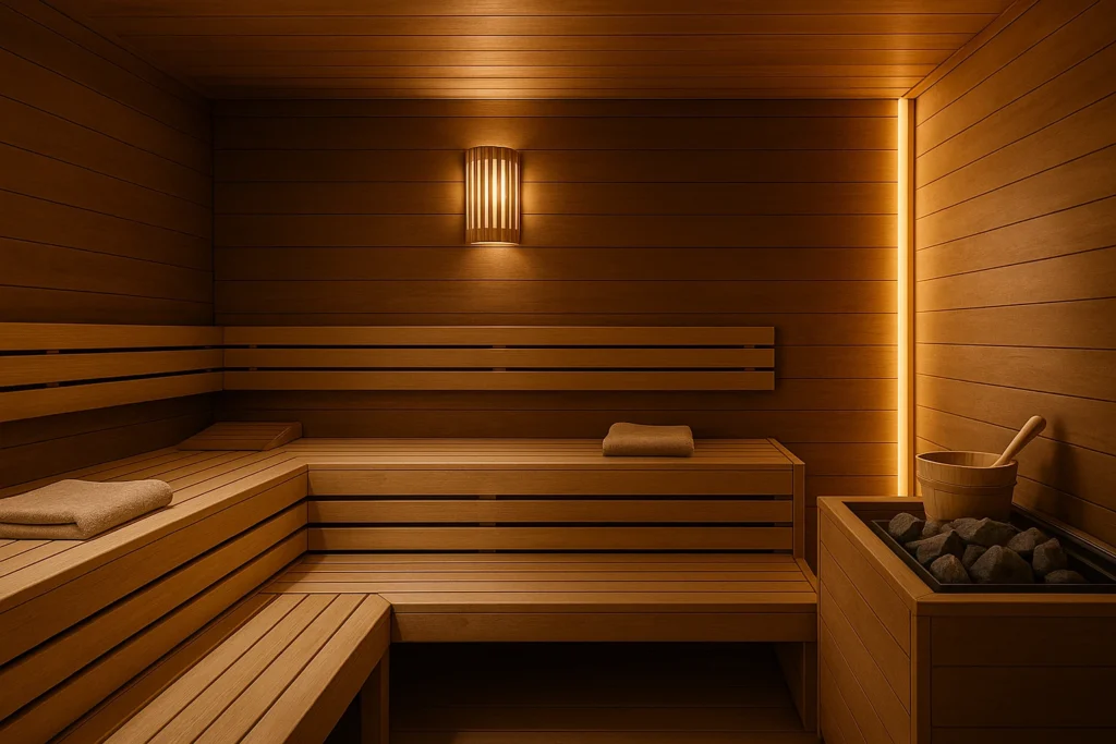 Sauna privatisé en bois avec bancs et seau, ambiance chaleureuse idéale pour un EVJF à Cabourg