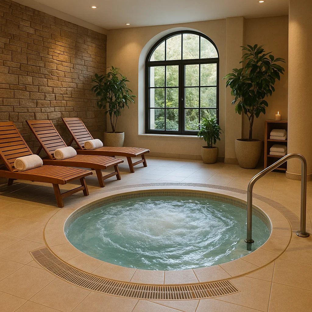 Espace spa intérieur avec jacuzzi rond, transats en bois et plantes vertes près d’une grande fenêtre