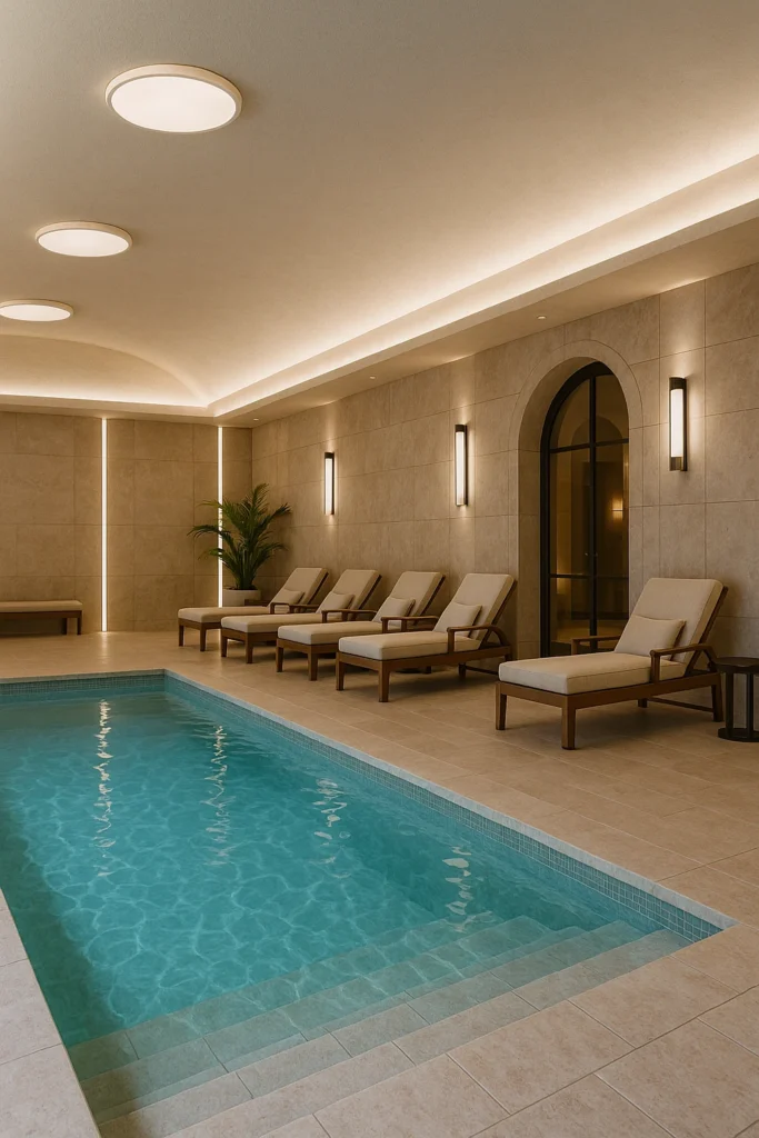 Piscine intérieure élégante avec transats dans un spa privatisé à Cabourg idéal pour un EVJF