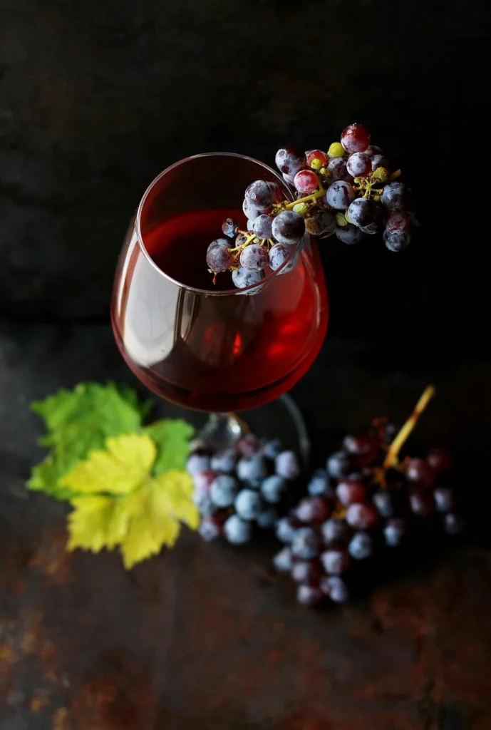 Verre de vin rouge décoré de grappes de raisin frais sur fond sombre