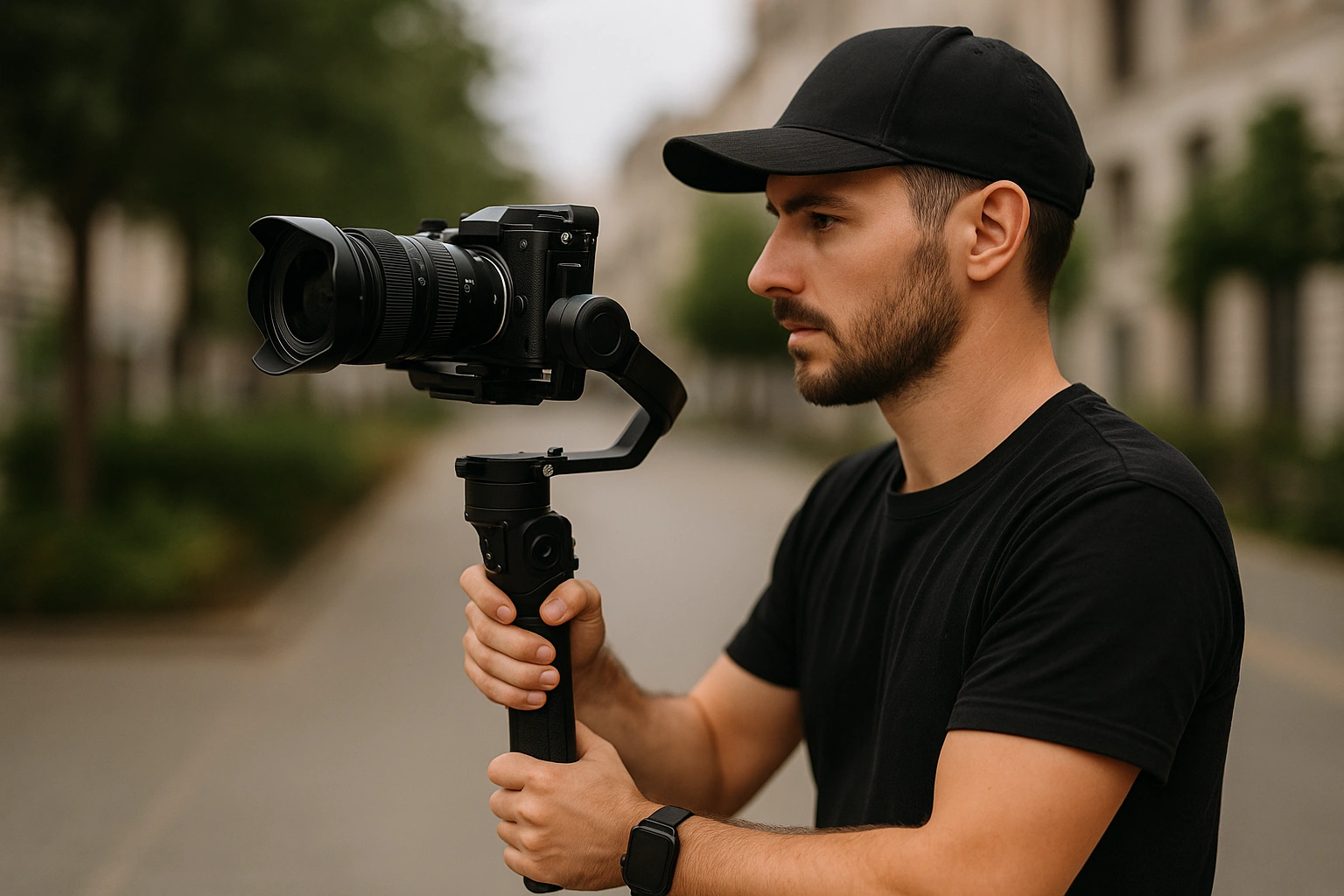videaste en action tenant une camera sur gimbal dans une rue