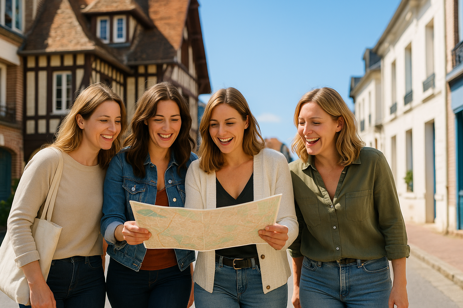 Groupe de copines souriantes dans les ruelles de Deauville lors d’un week-end entre amies sous le soleil