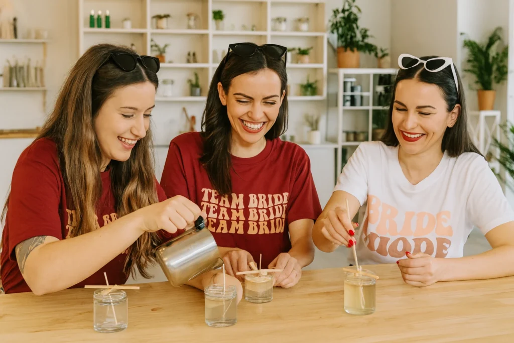 Trois femmes souriantes créent des bougies artisanales lors d'un atelier EVJF à Deauville.