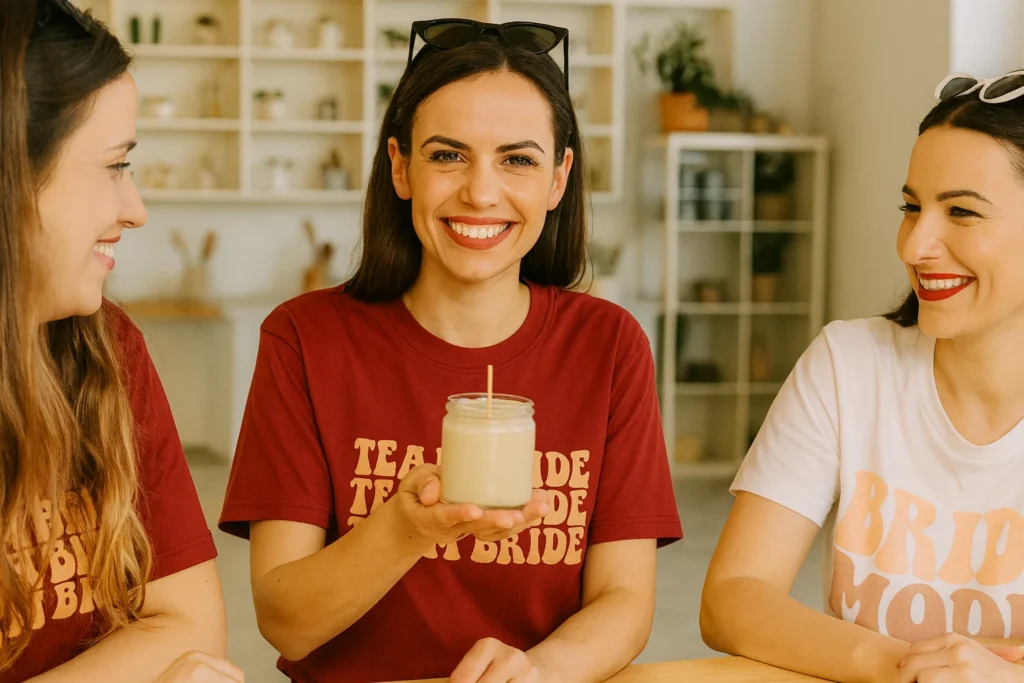 Une participante souriante d’un atelier EVJF bougies à Deauville montre sa bougie artisanale terminée.