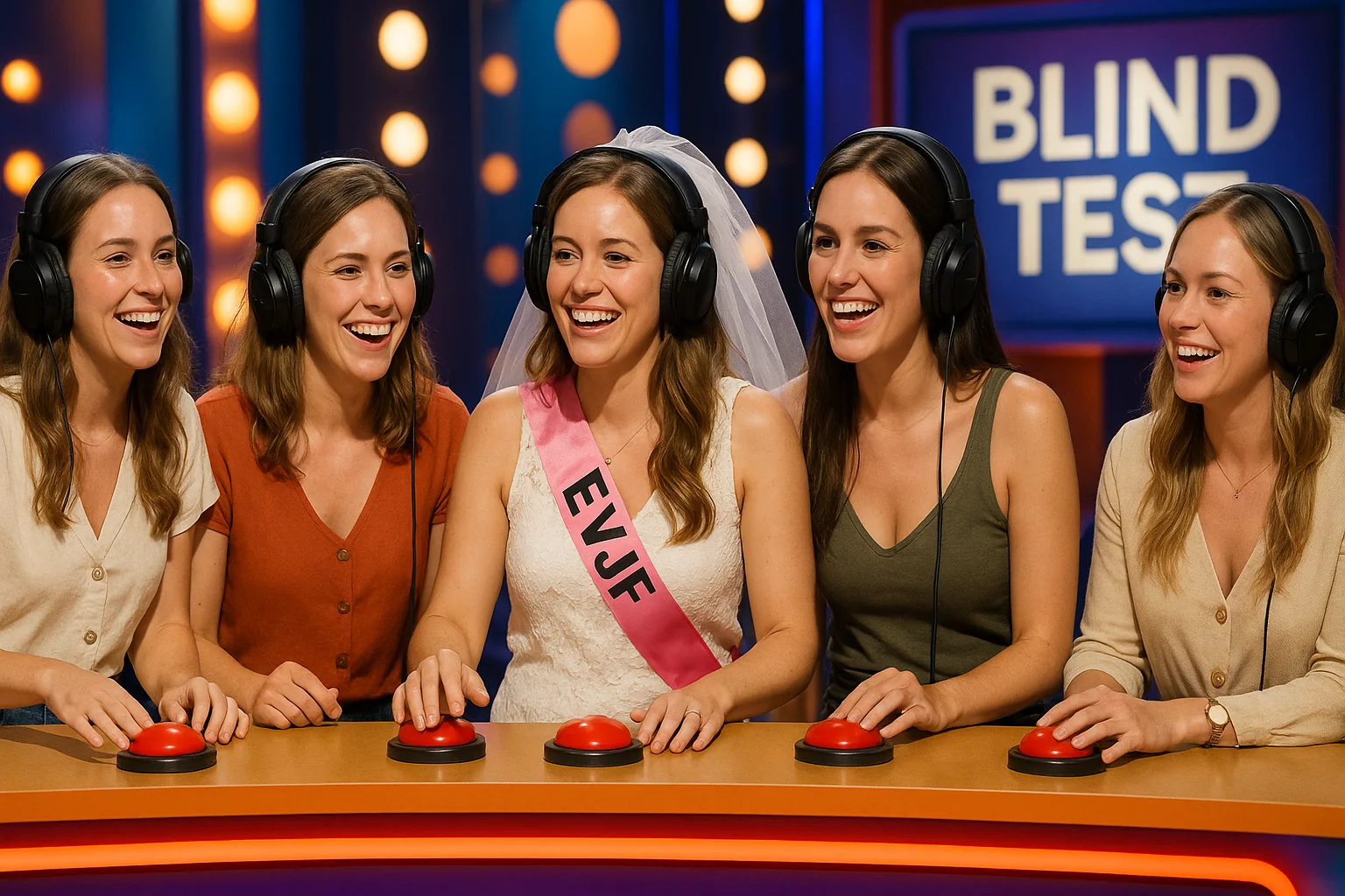 Blind test musical EVJF à Strasbourg, future mariée avec écharpe EVJF et ses amies souriantes participent à un jeu musical convivial