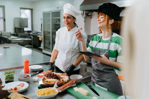 Deux femmes en tenue de chef participent à un cours de cuisine pour un EVJF à Rouen