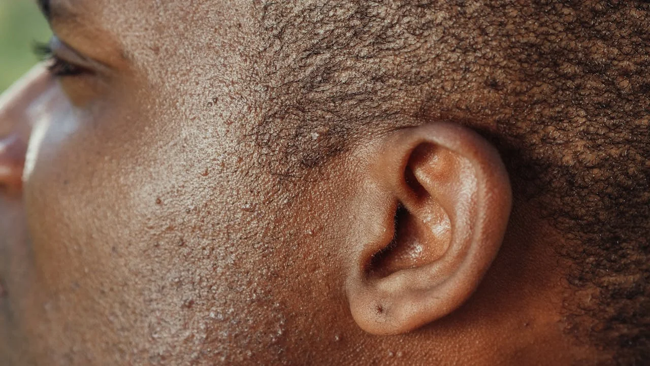 Gros plan détaillé d’une oreille masculine, mettant en valeur le sens de l’audition pour des projets visuels ou éducatifs.