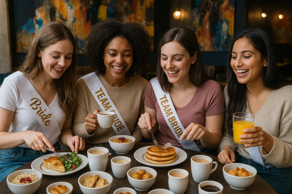 Groupe de jeunes femmes avec écharpes Bride et Team Bride partageant un brunch convivial à Rennes