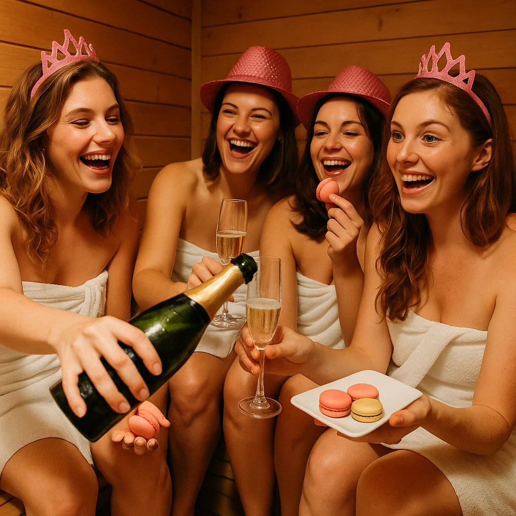 Groupe de femmes en peignoir profitant d’un sauna privatisé avec champagne et macarons lors d’un EVJF à Rennes