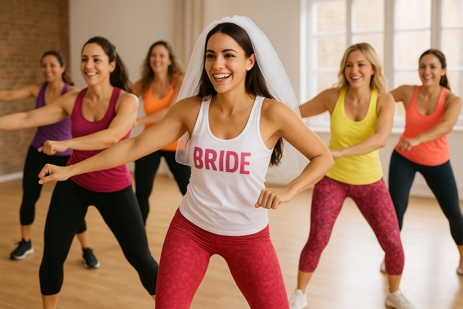 Groupe de jeunes femmes en cours de Zumba, la mariée au centre en débardeur blanc et voile