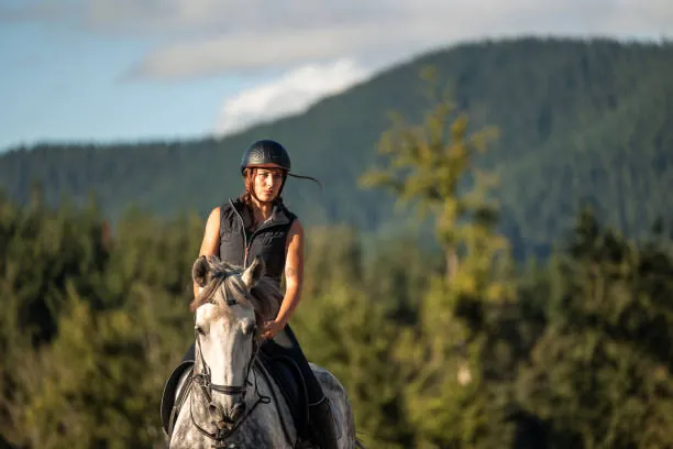 femme casquee monte un cheval gris lors d une balade a cheval