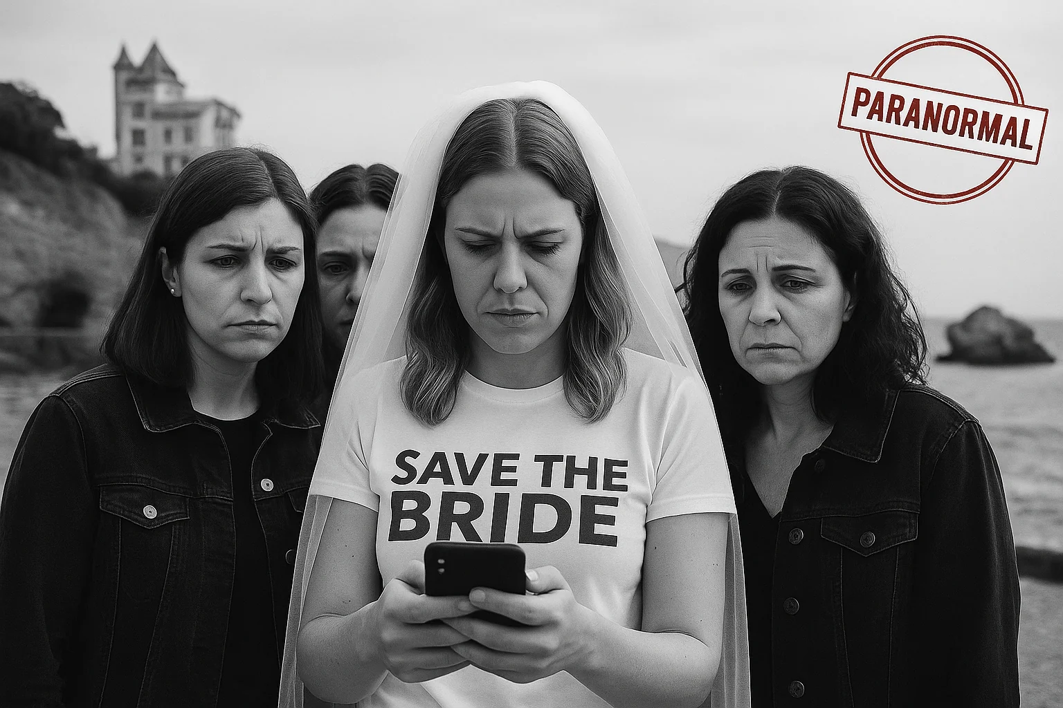 groupe de femmes lors d un jeu de piste evjf paranormal a biarritz observant un telephone sur la plage