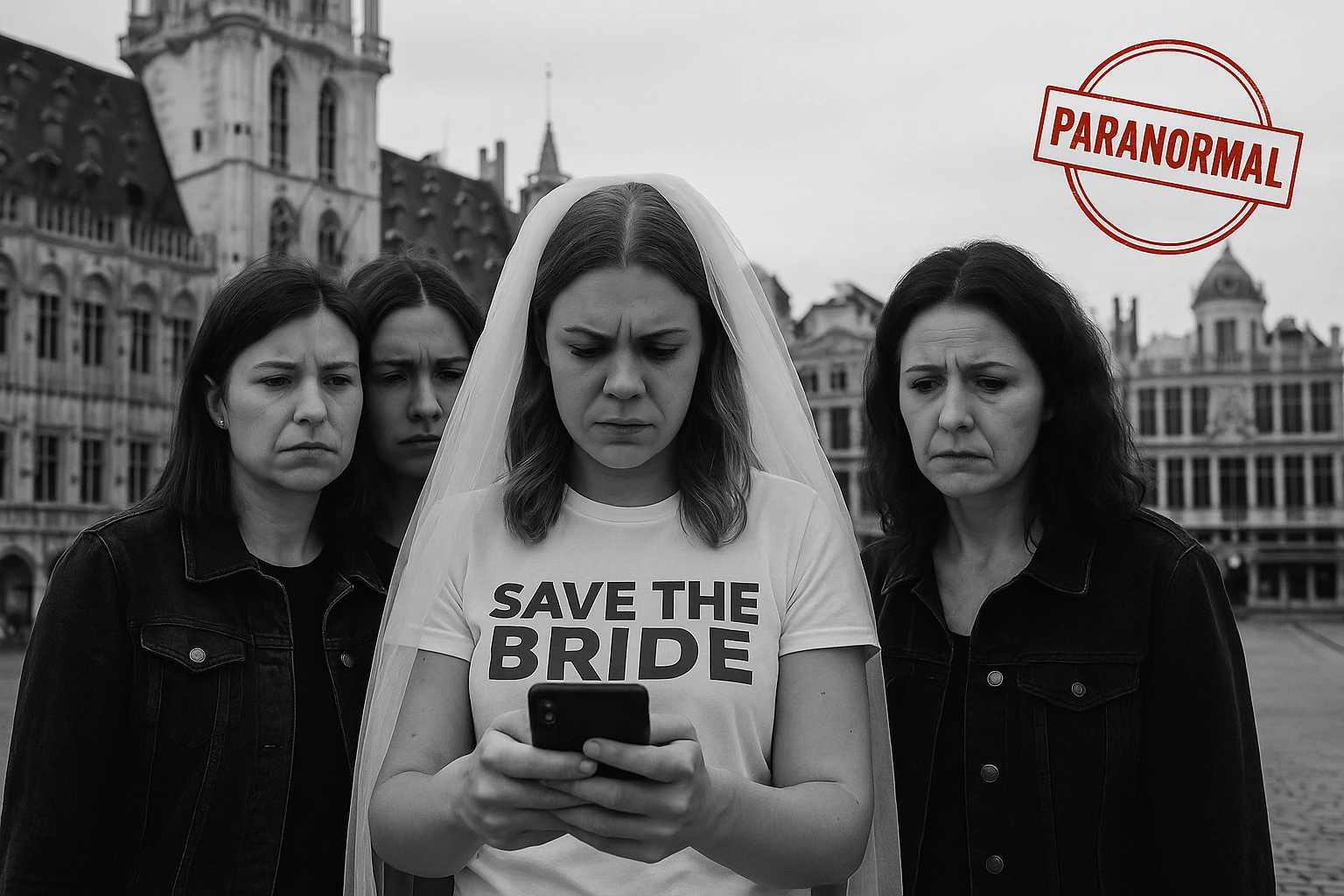 femmes concentrées lors d’un jeu de piste evjf paranormal à bruxelles sur une place historique