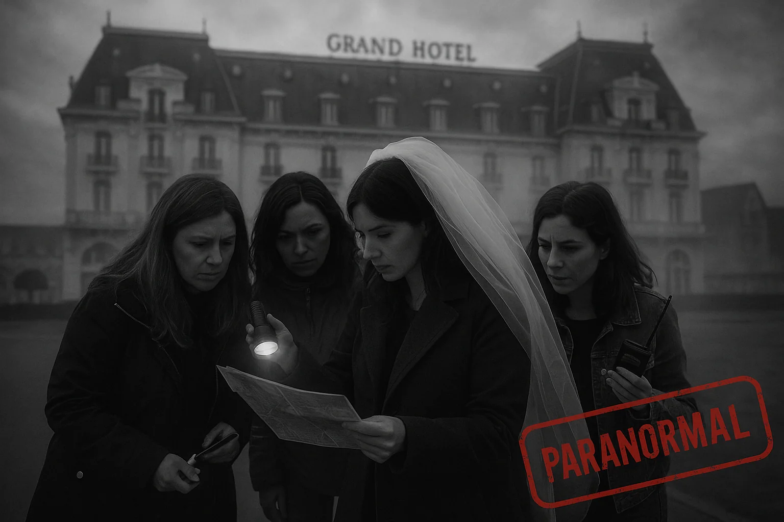 Trois femmes enquêtent devant le Grand Hôtel de Cabourg lors d’un jeu de piste EVJF paranormal en noir et blanc