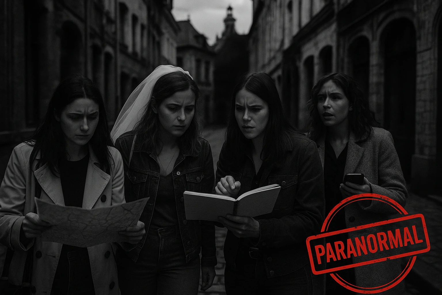 quatre amies participent à un jeu de piste evjf paranormal à lille dans une rue ancienne en noir et blanc