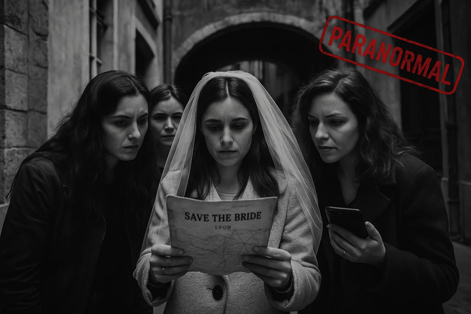 groupe de femmes enquetrices avec une future mariee voilee a lyon pendant le jeu de piste evjf paranormal lyon en noir et blanc