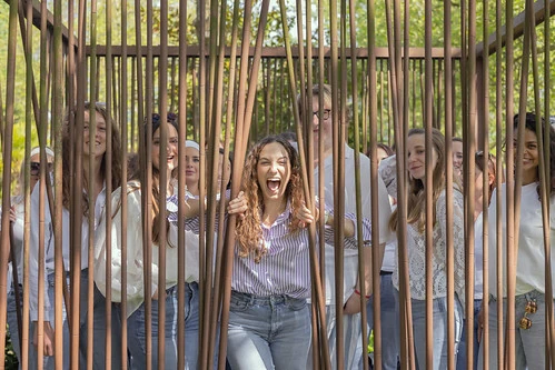 groupe de femmes riant pendant un jeu evjf a lille derriere des barreaux decoratifs