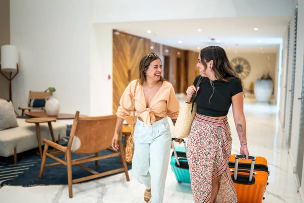 Deux femmes arrivant à leur hôtel à Dijon avec des valises, prêtes pour un week-end EVJF convivial et détendu.