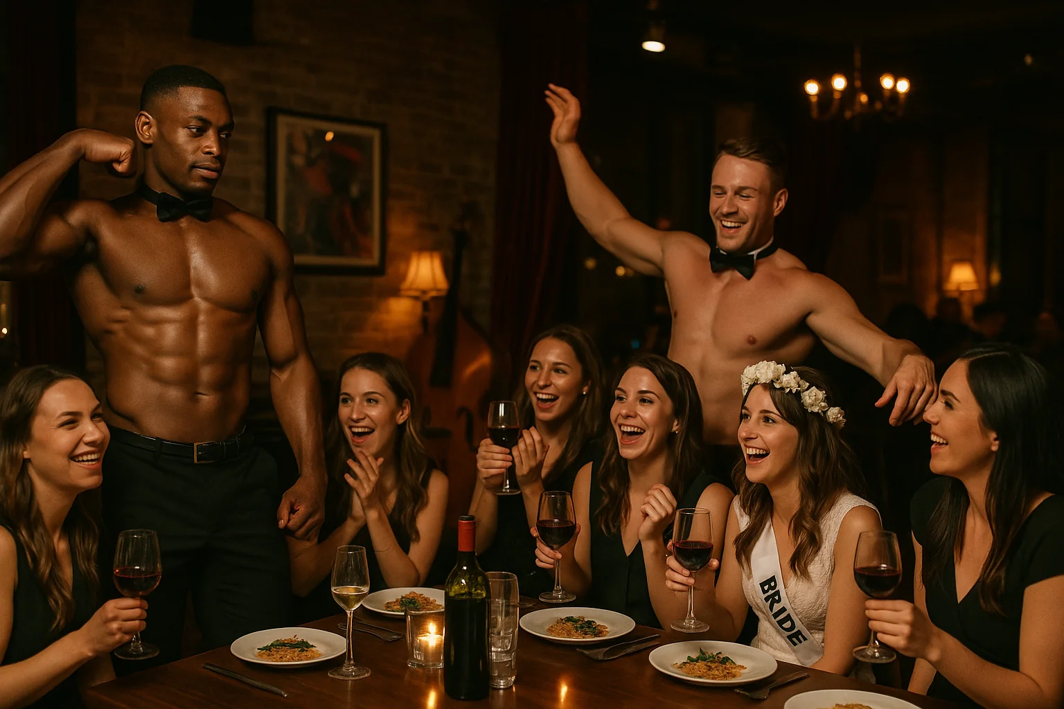 Groupe EVJF riant autour dun diner spectacle chippendales dans un restaurant a Paris